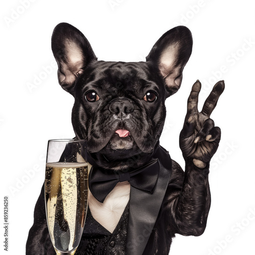 Black French bulldog with champagne glass