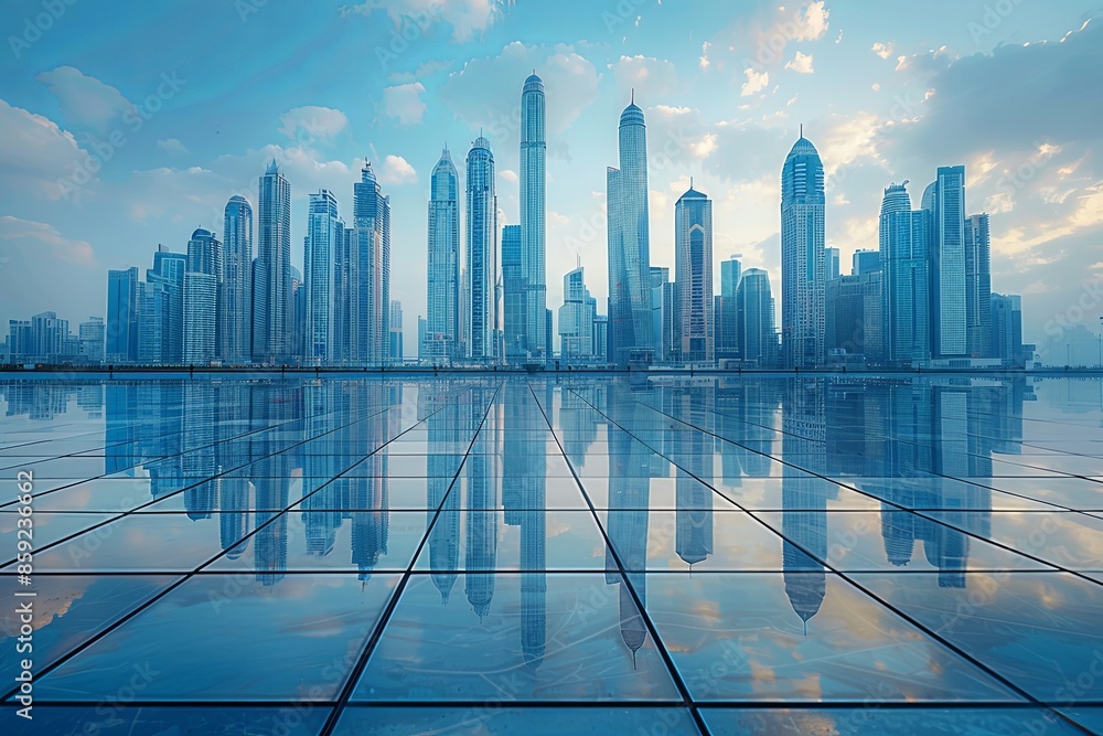 Modern city skyline with skyscrappers and reflection created with Generative AI Modern city skyline with skyscrappers and reflection created with Generative AI