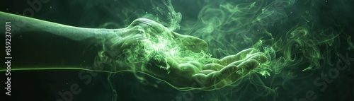 Green Smoke Encircles a Hand Reaching Upward in Digital Art