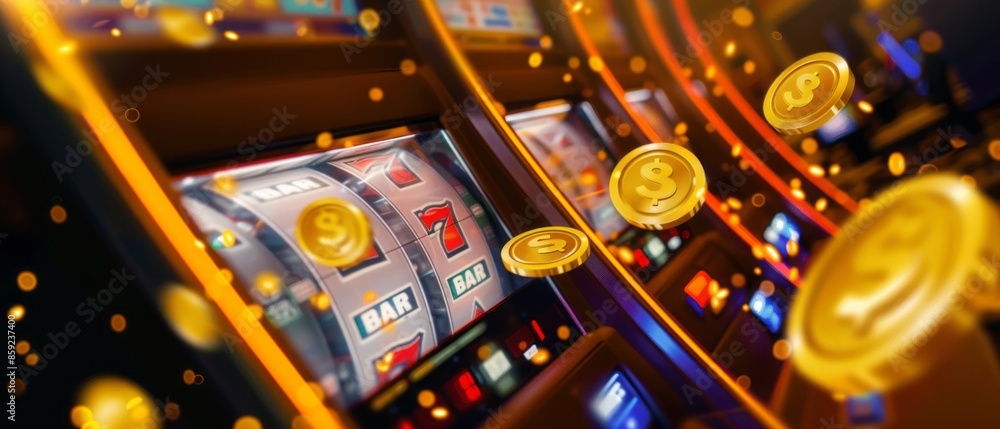 Slot Machine With Spinning Reels and Falling Coins at a Casino Slot Machine With Spinning Reels and Falling Coins at a Casino