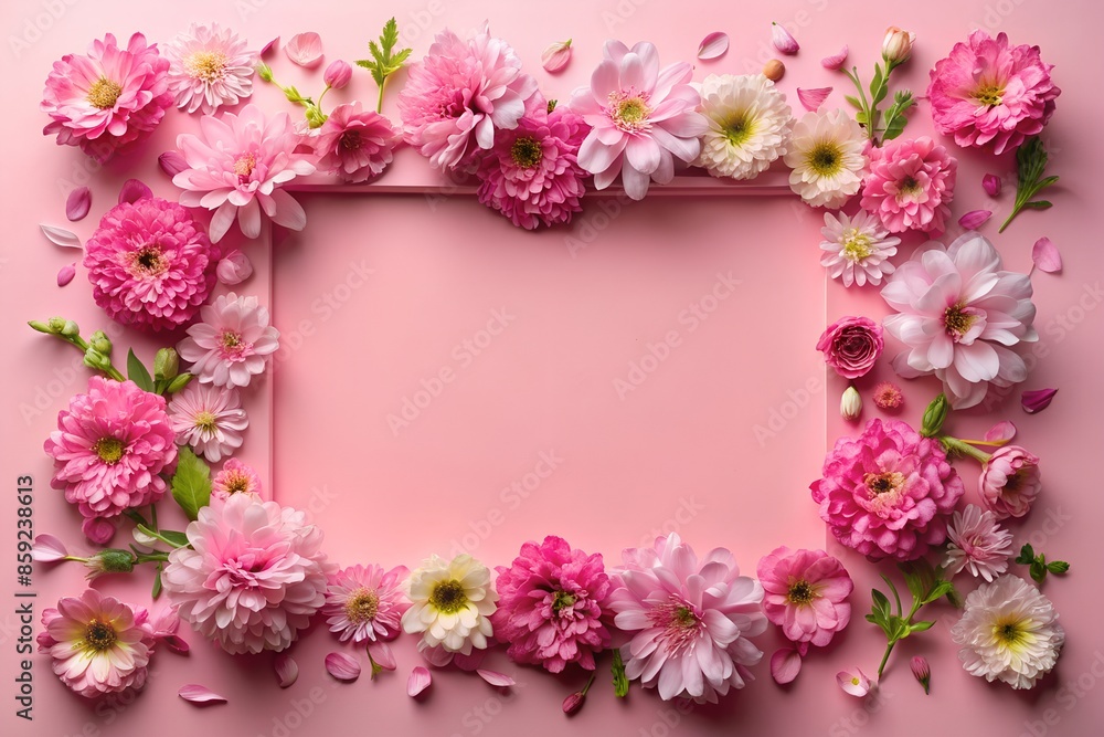 A frame made of pink flowers on a pink background A frame made of pink flowers on a pink background
