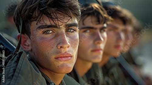 Group of 20-year-olds during modern military conscription do military training exercises. Generative AI.