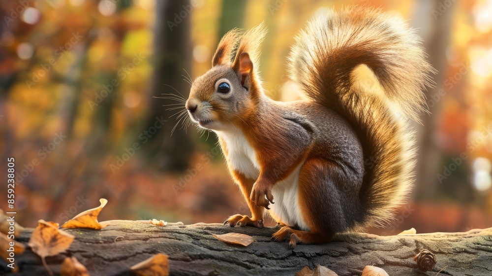 Red Squirrel Perched On Fallen Log In Autumn Forest Red Squirrel Perched On Fallen Log In Autumn Forest
