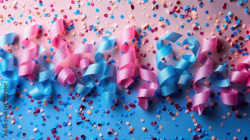 Bright blue and pink ribbons intertwined with colorful confetti scattered on a pink and blue two-tone background, ideal for festive celebrations and lively decorations.