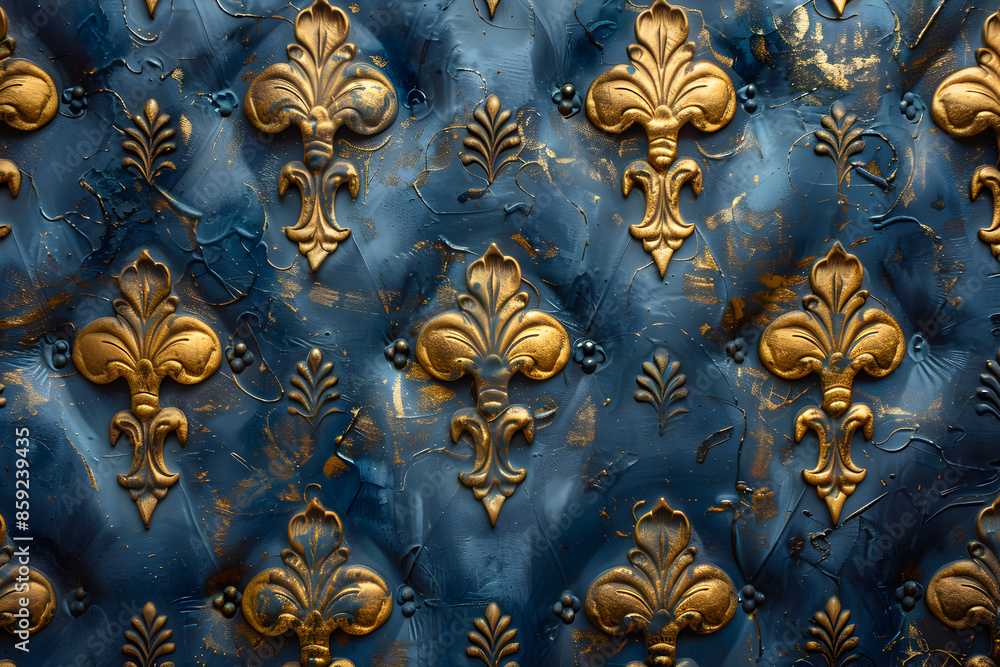 Elegant Blue and Gold Fleur-de-Lis Patterned Wallpaper with Textured Details Elegant Blue and Gold Fleur-de-Lis Patterned Wallpaper with Textured Details