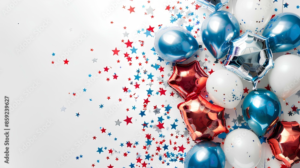 4th of July Independence Day of the USA concept. Top view foil balloons and decor on white background. American flag colors. 4th of July Independence Day of the USA concept. Top view foil balloons and decor on white background. American flag colors.