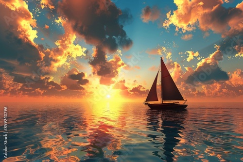 A sailboat floating in the middle of the ocean during sunset, great for use in travel or adventure related content photo