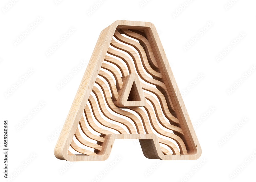 3D rendering letter A made of light wood with a wavy line pattern. High-resolution font suitable for headers, posters, advertisements or web projects. 3D rendering letter A made of light wood with a wavy line pattern. High-resolution font suitable for headers, posters, advertisements or web projects.