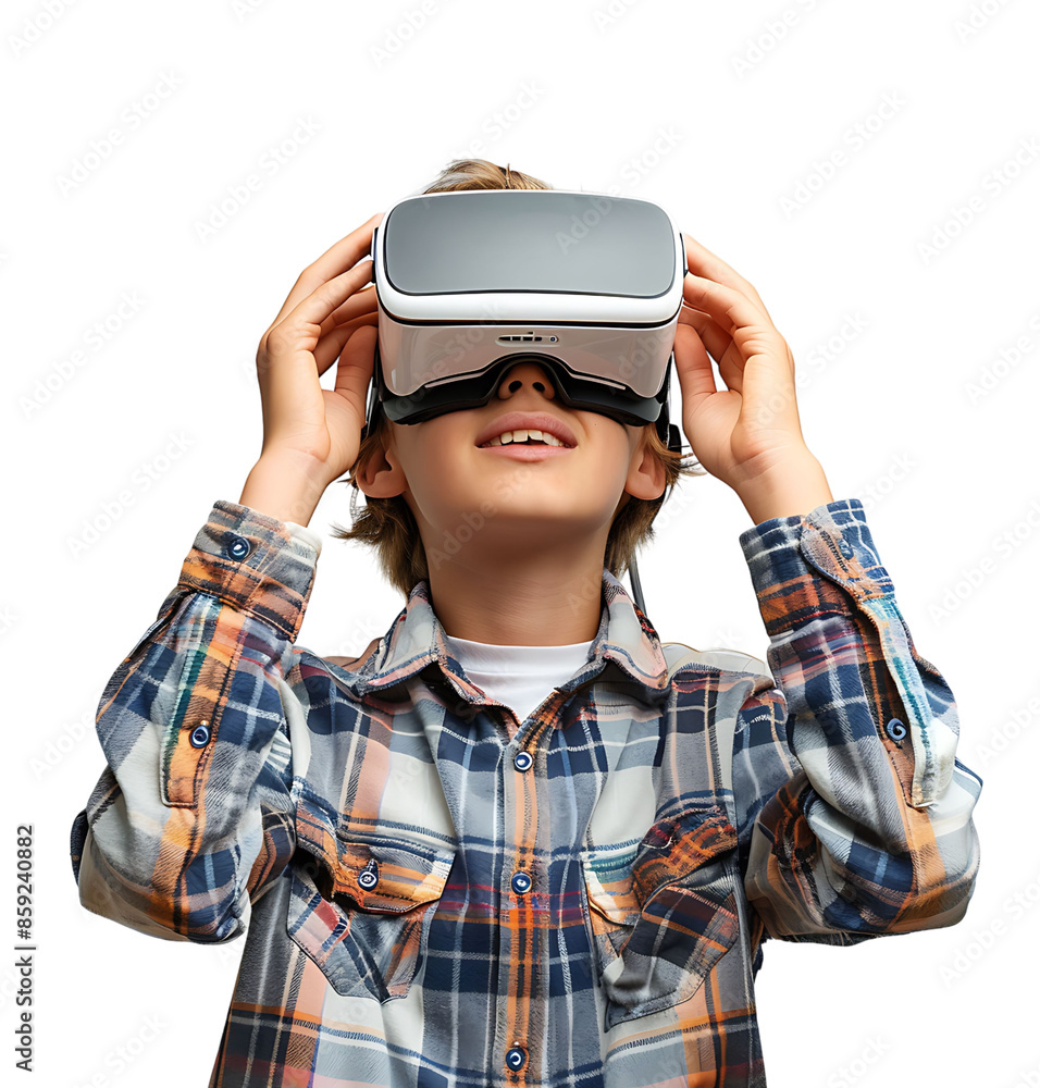 Satisfied young student exploring vr headset on isolated transparent background Satisfied young student exploring vr headset on isolated transparent background