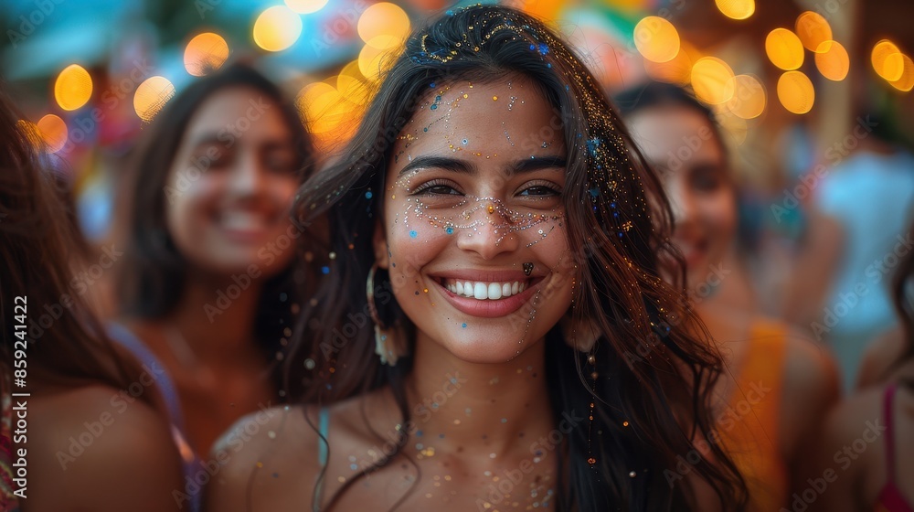 A woman smiling with glitter on her face at a night party, lit by colorful lights, embodying a festive and joyous celebration under the stars. A woman smiling with glitter on her face at a night party, lit by colorful lights, embodying a festive and joyous celebration under the stars.