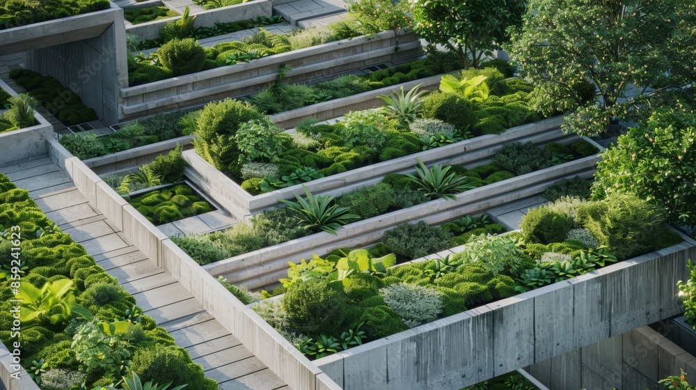 A geometric rooftop garden featuring perfectly aligned greenery and concrete edges. A geometric rooftop garden featuring perfectly aligned greenery and concrete edges.