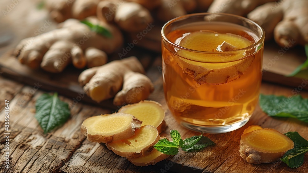 A transparent glass filled with amber ginger tea is placed amidst fresh ginger roots and sliced ginger pieces, accompanied by scattered green mint leaves, on a rustic wooden table. A transparent glass filled with amber ginger tea is placed amidst fresh ginger roots and sliced ginger pieces, accompanied by scattered green mint leaves, on a rustic wooden table.