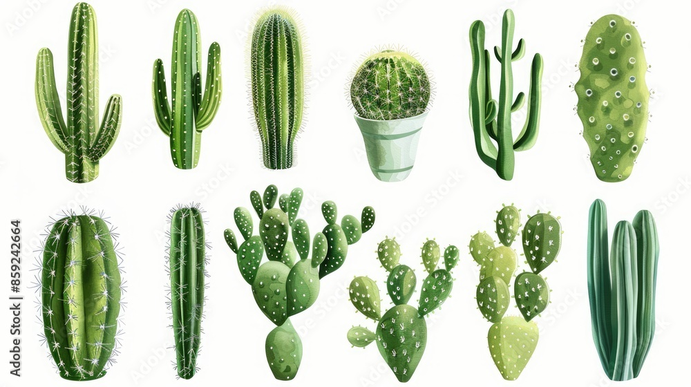 Collection of different cacti varieties, each with unique shapes and sizes, isolated on a white background. Collection of different cacti varieties, each with unique shapes and sizes, isolated on a white background.