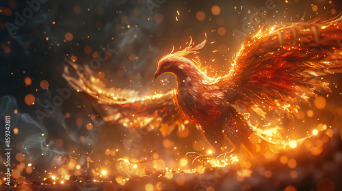 Phoenix bird fire fantasy firebird abstract magic 3D eagle animal. Phoenix bird fire tale character illustration render hawk fairy wings graphic feather gold background fenix logo icon red art pheonix