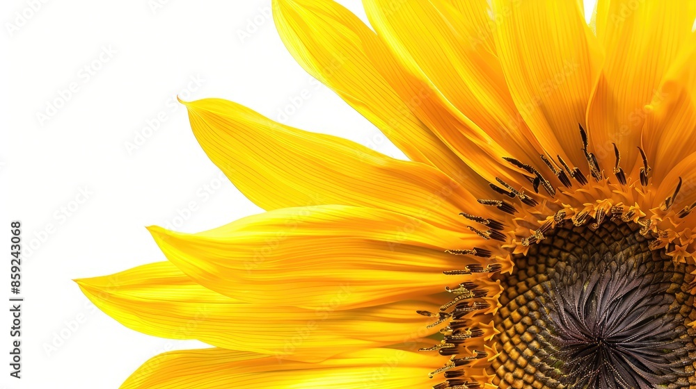 Obraz premium Close-up of sunflower petals and center on a pristine white background, emphasizing their texture.