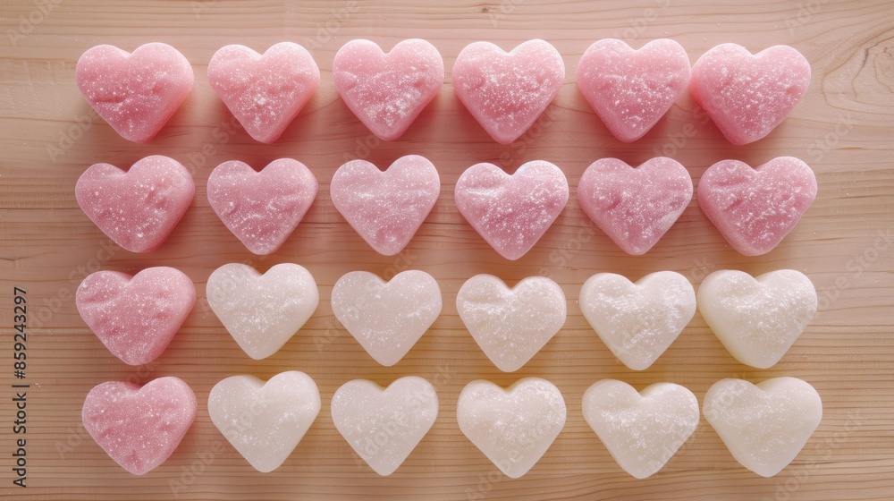 Obraz premium Heart-shaped pink and white soaps arranged on wooden surface. Valentine's day and personal care concept