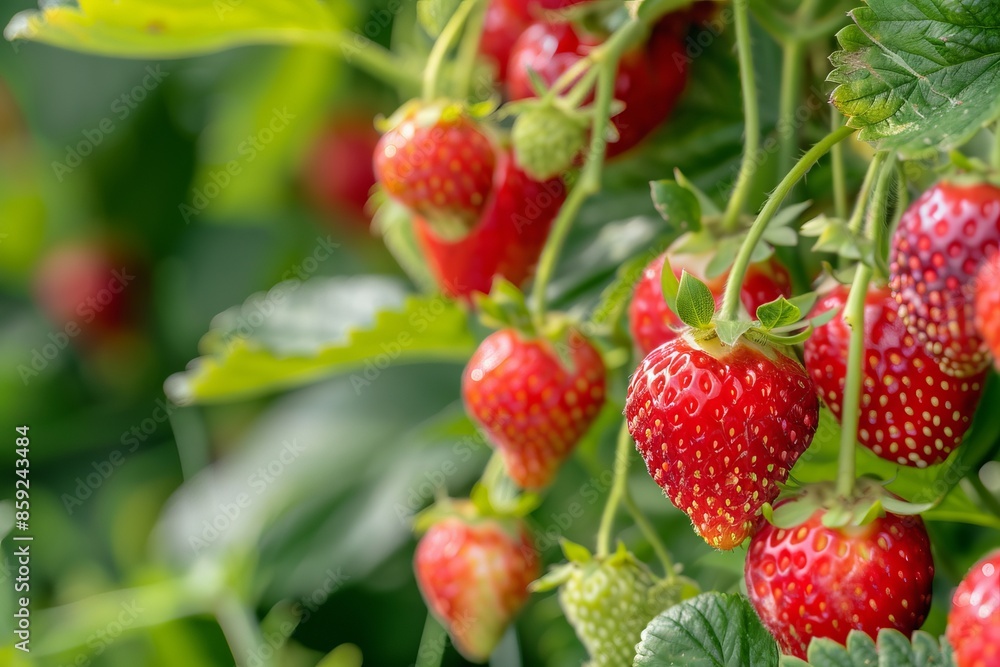 Juicy fresh ripe strawberries on a branch in nature outdoors close-up macro. Beautiful berries strawberries with leaves on a light green natural background. Generative AI Juicy fresh ripe strawberries on a branch in nature outdoors close-up macro. Beautiful berries strawberries with leaves on a light green natural background. Generative AI