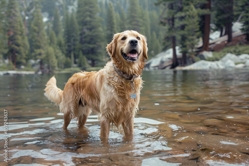 a dog standing in a river with a frisbee in its mouth