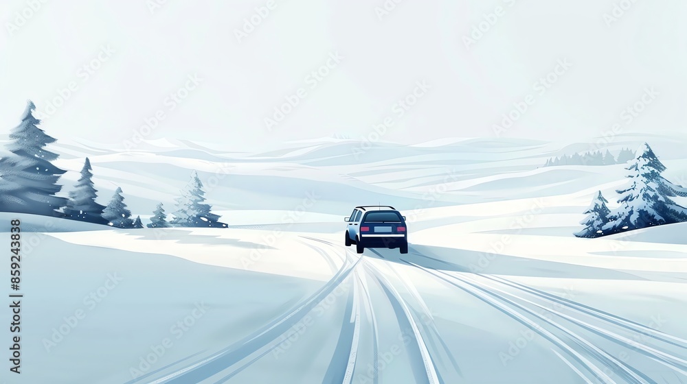 A car drives on a snowy road with trees in the background.