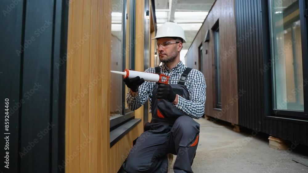 A worker is applying polyurethane foam to fill gap between sash and window frame in prefabricated modular house A worker is applying polyurethane foam to fill gap between sash and window frame in prefabricated modular house