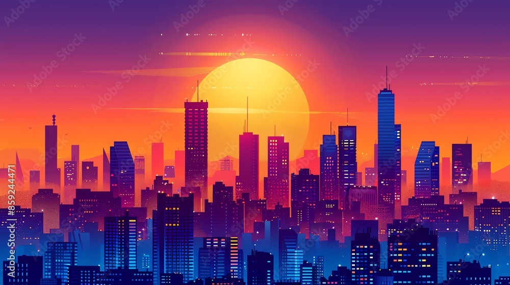 A stylized cityscape silhouette with a large orange sun in the sky. A stylized cityscape silhouette with a large orange sun in the sky.