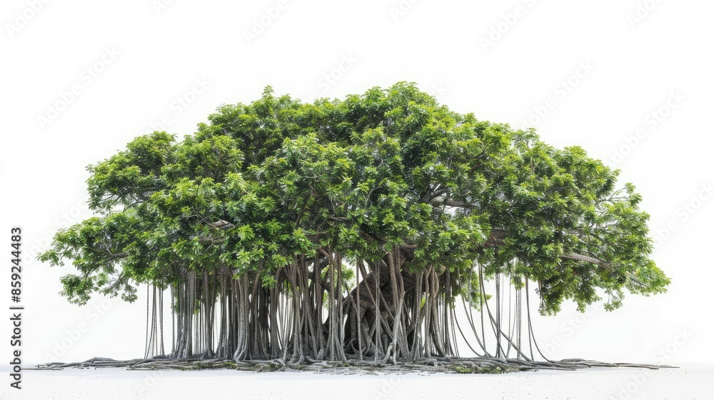 Fototapeta premium Charming banyan tree with cascading aerial roots, standing out vividly against a pure white background.