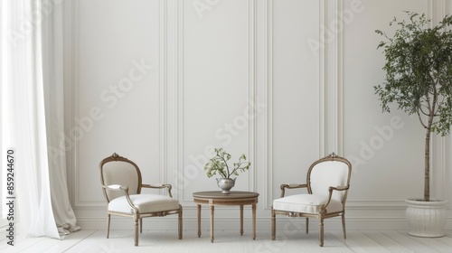 An elegant and classical living room design set against a white canvas backdrop, Antique furniture pieces arranged in a traditional manner, Classic minimalist style