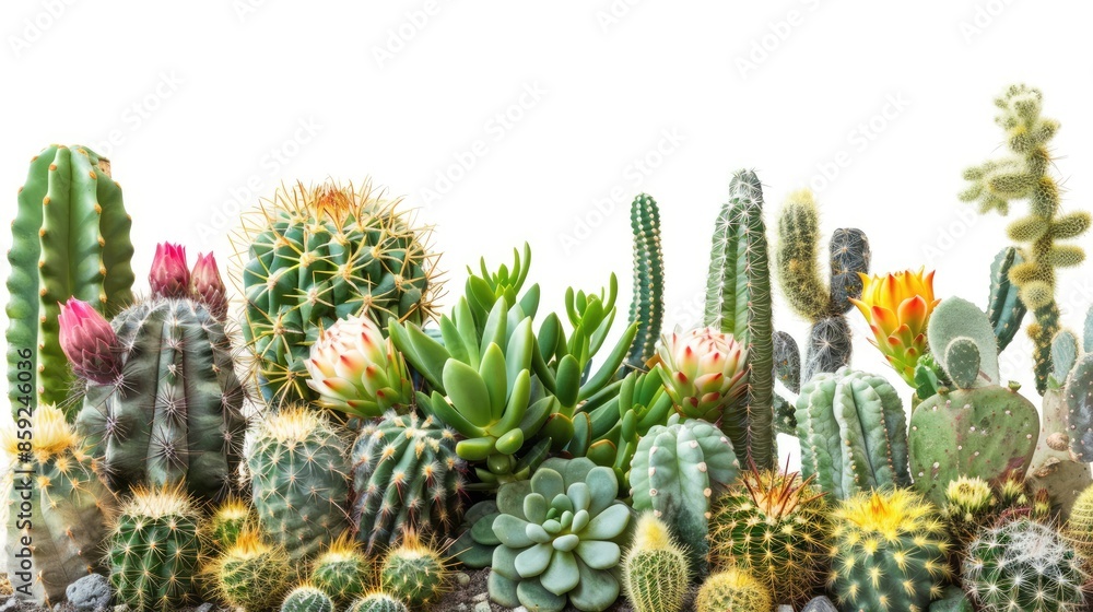 Cactus garden with various species arranged on a white background, emphasizing their diverse forms. Cactus garden with various species arranged on a white background, emphasizing their diverse forms.