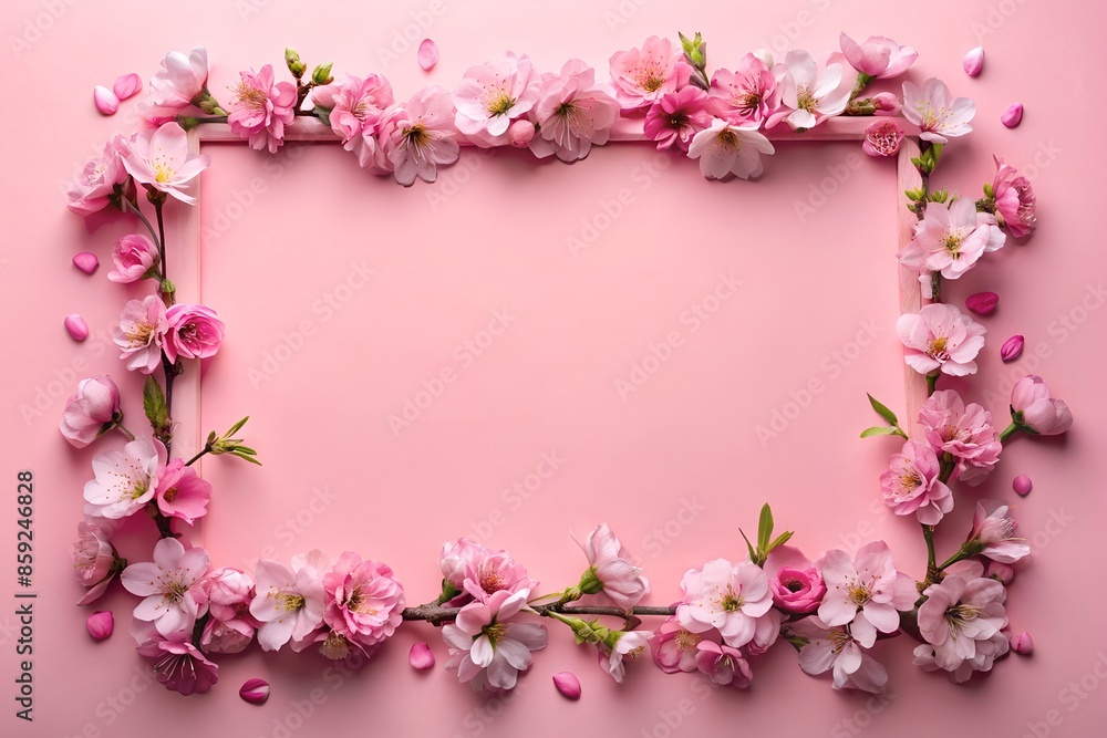 A frame made of pink flowers on a pink background A frame made of pink flowers on a pink background