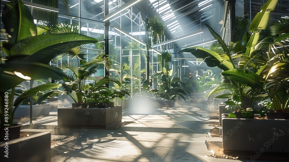 A large natural indoor space with transparent large boxes and lush tropical plants with large leaves. Generative AI. A large natural indoor space with transparent large boxes and lush tropical plants with large leaves. Generative AI.