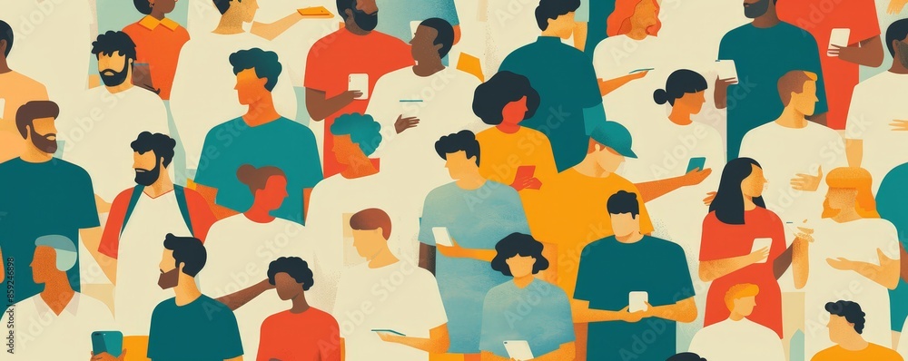 Digital Community Connection: Diverse People Interacting with Social Media on Smartphones and Tablets in 2D Flat Illustration Digital Community Connection: Diverse People Interacting with Social Media on Smartphones and Tablets in 2D Flat Illustration
