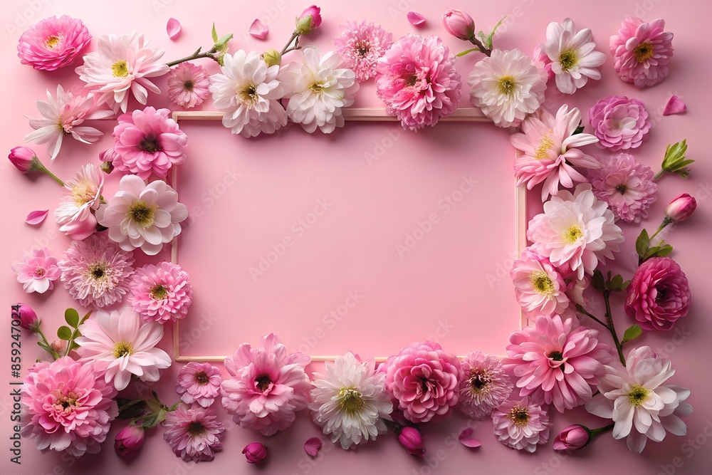 A frame made of pink flowers on a pink background A frame made of pink flowers on a pink background