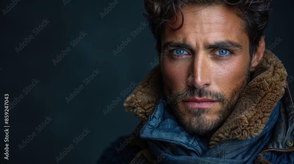 A close-up of a man with intense blue eyes, wearing a fur-lined jacket and scarf, in a moody setting, portraying a blend of style, warmth, and intensity. A close-up of a man with intense blue eyes, wearing a fur-lined jacket and scarf, in a moody setting, portraying a blend of style, warmth, and intensity.