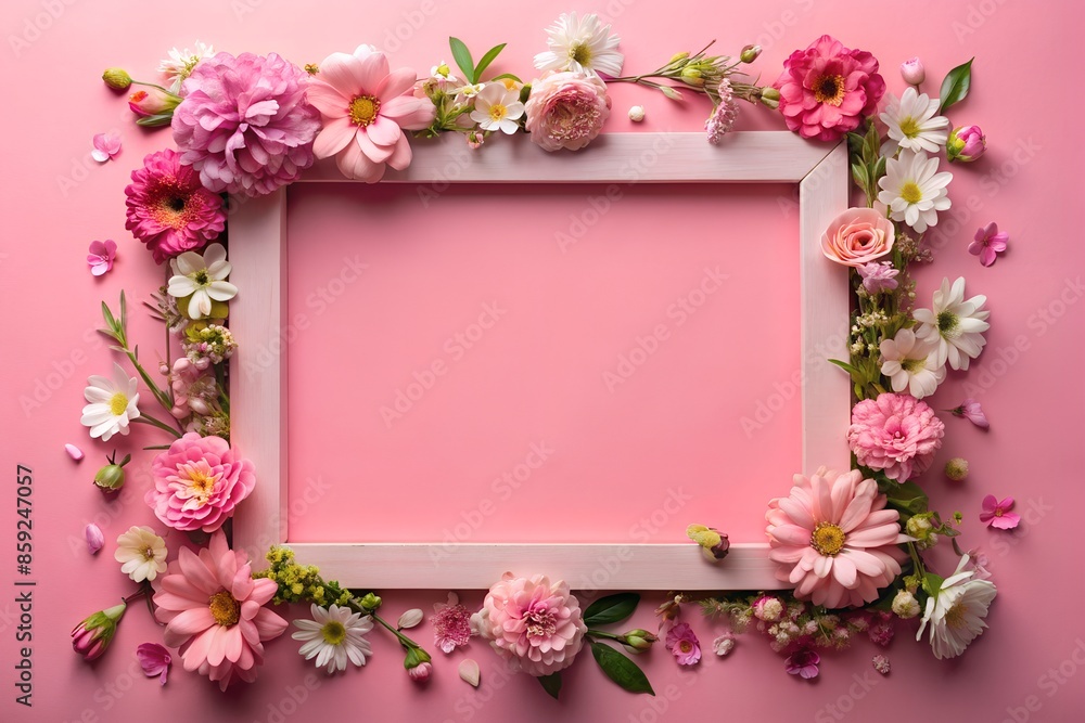 A frame made of pink flowers on a pink background A frame made of pink flowers on a pink background