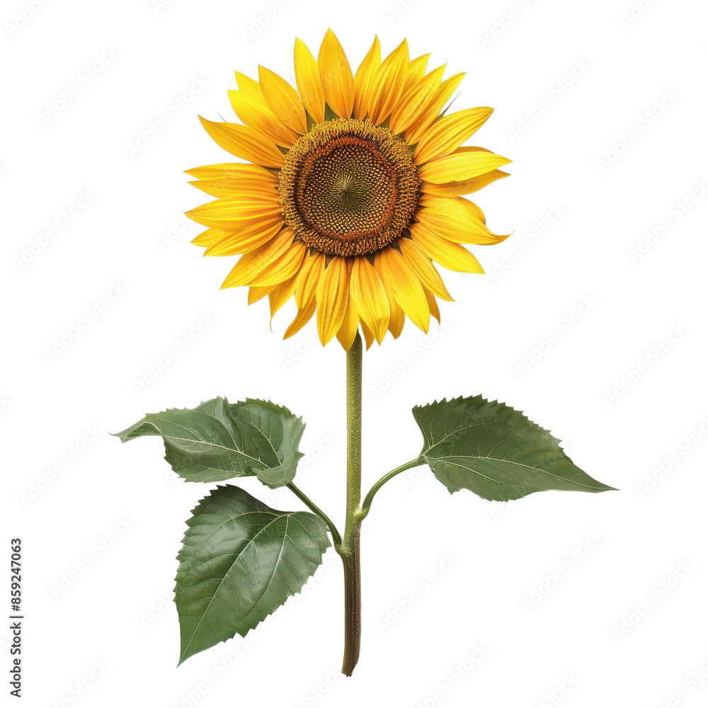Obraz premium Bright and vibrant sunflower with green leaves isolated on a white background. Perfect for nature and floral themes.