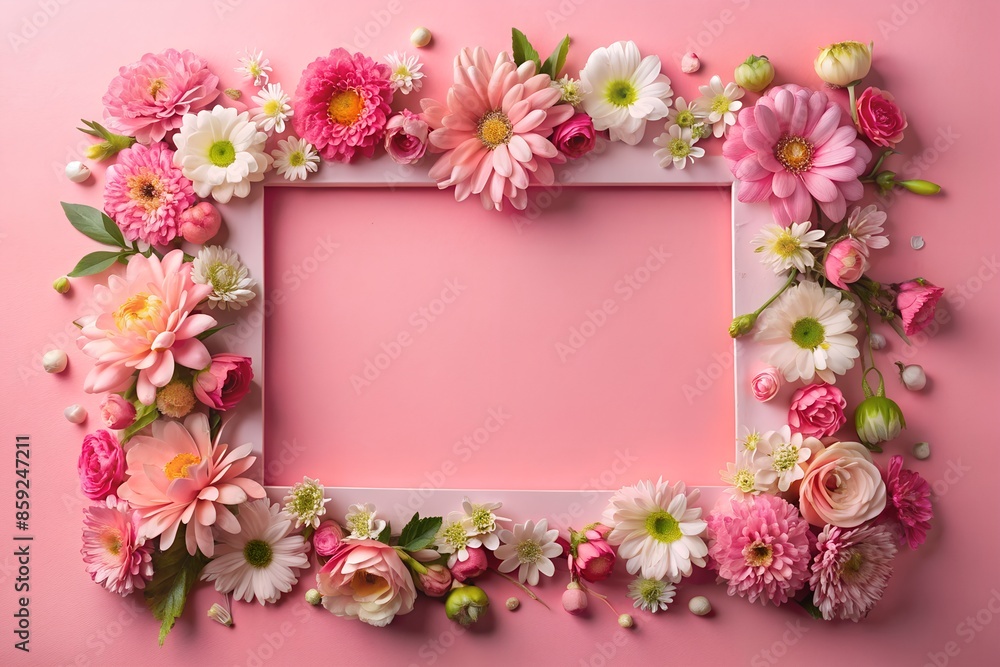 A frame made of pink flowers on a pink background A frame made of pink flowers on a pink background