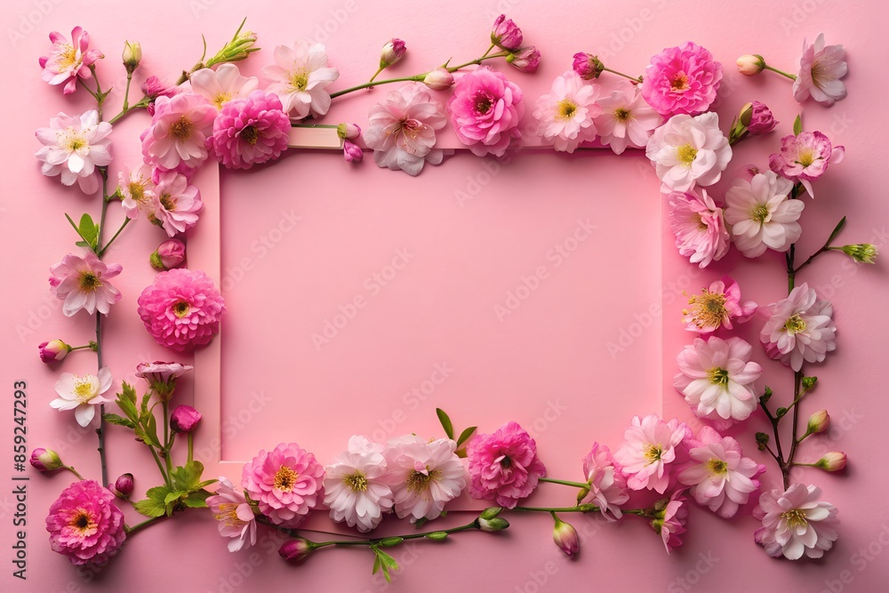 A frame made of pink flowers on a pink background A frame made of pink flowers on a pink background