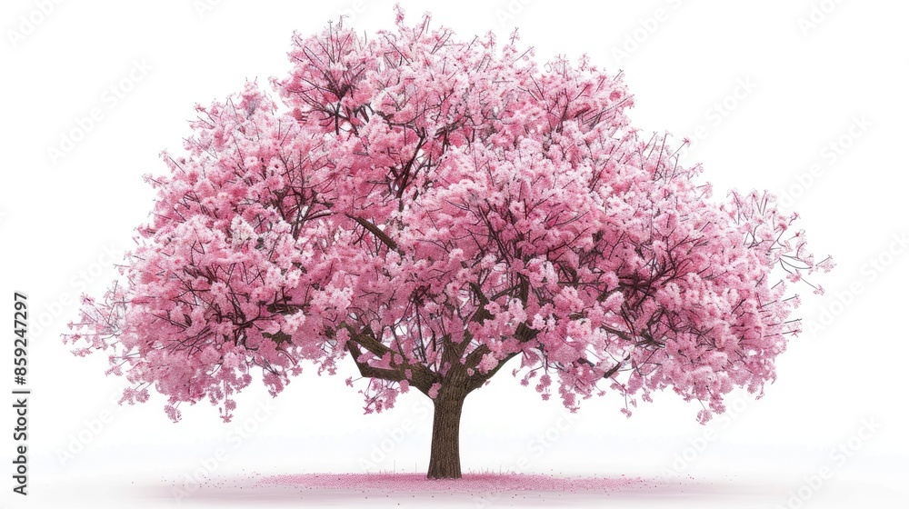 Beautiful cherry blossom tree in full bloom, isolated on a white background, capturing its delicate petals.