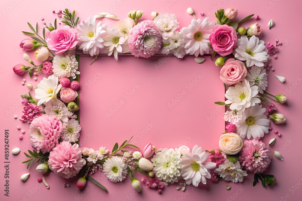 A frame made of pink flowers on a pink background A frame made of pink flowers on a pink background