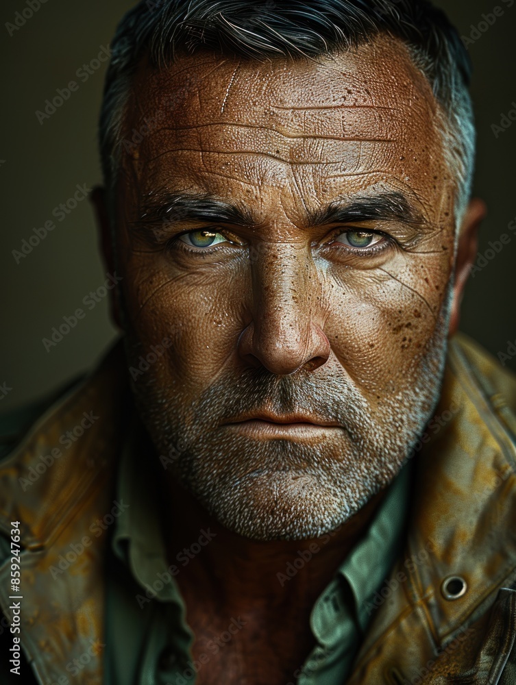 Close-up portrait of a man with intense eyes and a weathered face Close-up portrait of a man with intense eyes and a weathered face