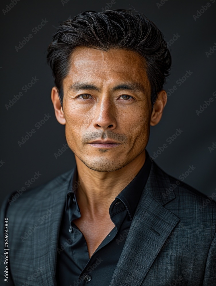 A close-up portrait of a man with a serious expression, captured in a studio setting A close-up portrait of a man with a serious expression, captured in a studio setting