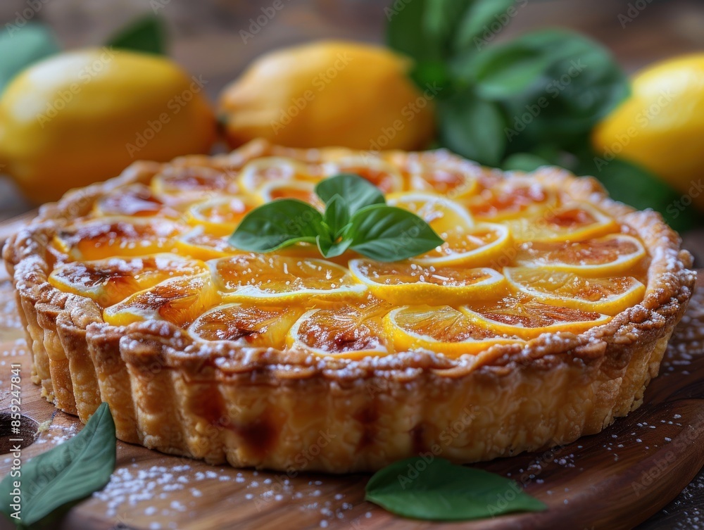 A freshly baked lemon tart, topped with sliced lemons and a sprig of basil A freshly baked lemon tart, topped with sliced lemons and a sprig of basil