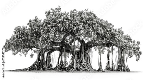 Banyan tree with its iconic aerial roots, creating an enchanting and detailed image on a white background. photo