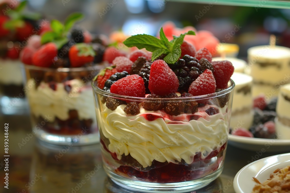 A close-up of a glass jar filled with a creamy dessert topped with fresh berries and a sprig of mint. A close-up of a glass jar filled with a creamy dessert topped with fresh berries and a sprig of mint.