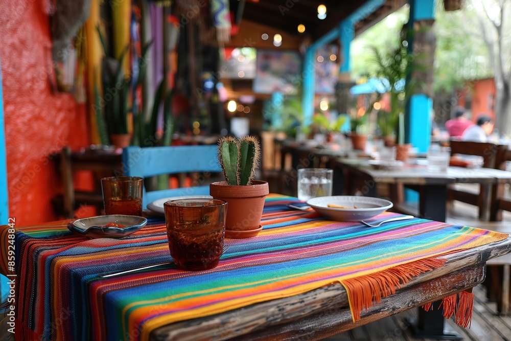 A close-up of a table set for a meal at a vibrant Mexican restaurant. A close-up of a table set for a meal at a vibrant Mexican restaurant.