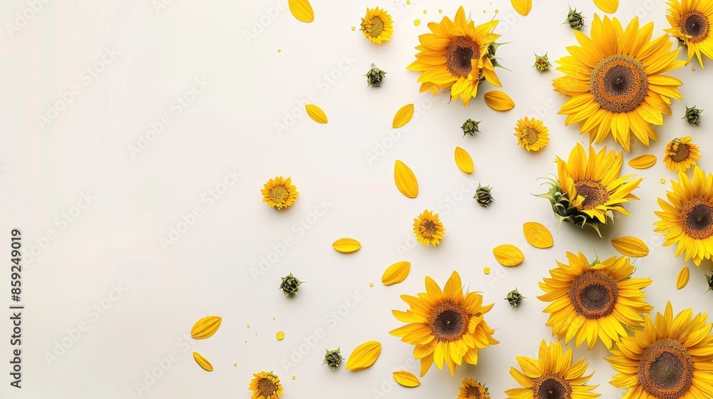 Artistic arrangement of sunflowers on a white background, creating a bright and cheerful composition Artistic arrangement of sunflowers on a white background, creating a bright and cheerful composition