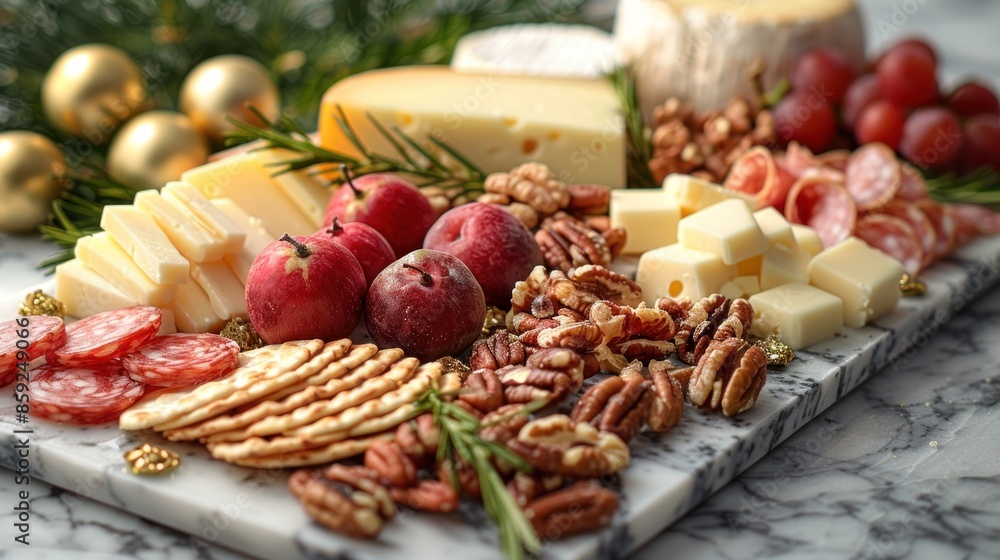 A marble cheeseboard filled with gourmet cheeses, salami, pecans, crackers, and apples A marble cheeseboard filled with gourmet cheeses, salami, pecans, crackers, and apples