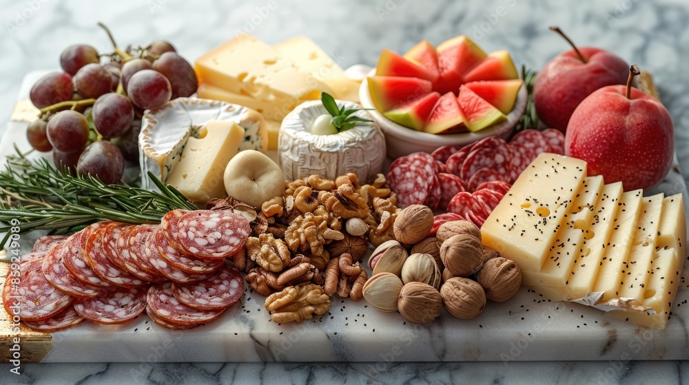 A delectable spread of cheeses, salami, and fresh fruit arranged on a marble board A delectable spread of cheeses, salami, and fresh fruit arranged on a marble board