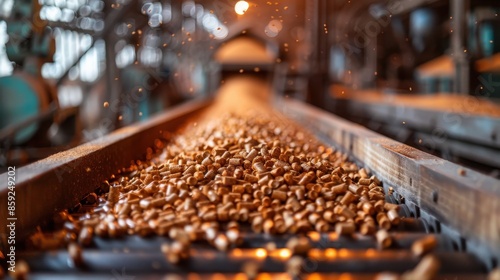 A manufacturing plant conveyor with an abundance of wooden pellets moving in the production line, illustrating efficiency, industrial precision, and raw materials in motion.