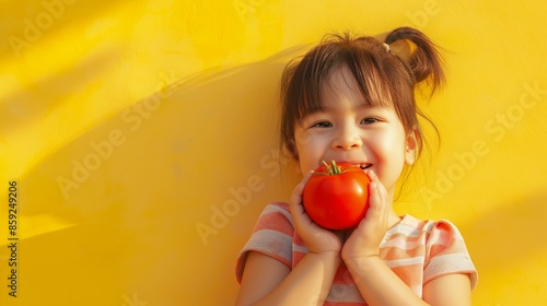 A happy child holding tomato